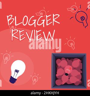 Signature manuscrite Blogger Review. Mot écrit sur faire un réexamen critique et un résumé d'un blog luminescent Light bulbe dessin dans Box Afficher Banque D'Images