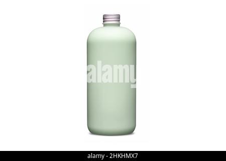 Flacon vert avec bouchon en aluminium métallique isolé sur fond blanc.Flacon cosmétique avec distributeur de liquide contenant pour gel, lotion, mousse de bain 3D Banque D'Images