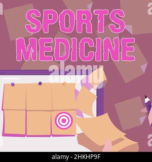 Inspiration montrant le signe médecine sportive. Mot pour le traitement et la prévention des blessures liées au sport toile de fond présentant Sticky Notes mains Banque D'Images