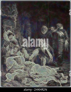 Inspiré de la mort de la reine Élisabeth Ire d'Angleterre par Paul Delaroche, mort d'Élisabeth, Reine d'Angleterre en 1603, Robert Jefferson Bingham, après : Paul Delaroche, Paris, c. 1853 - avant 1858, papier, imprimé albumine, gravure, hauteur 206 mm × largeur 166 mmhauteur 282 mm × largeur 225 mm, repensé par Artotop. L'art classique réinventé avec une touche moderne. Conception de lumière chaleureuse et gaie, de luminosité et de rayonnement de lumière. La photographie s'inspire du surréalisme et du futurisme, embrassant l'énergie dynamique de la technologie moderne, du mouvement, de la vitesse et révolutionne la culture Banque D'Images