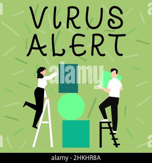 Légende conceptuelle alerte de virus. Vitrine d'affaires couple d'alerte de virus dessin en utilisant l'échelle placer de grands cadres d'image vides à Un mur. Banque D'Images