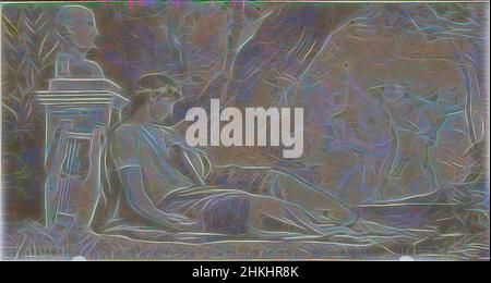 Inspiré par la photoréproduction d'une illustration d'un homme avec un lyre, situé dans une forêt, Félix Joseph Barrias, c. 1851 - avant 1855, papier, imprimé albumine, hauteur 31 mm × largeur 59 mm, réimaginé par Artotop. L'art classique réinventé avec une touche moderne. Conception de lumière chaleureuse et gaie, de luminosité et de rayonnement de lumière. La photographie s'inspire du surréalisme et du futurisme, embrassant l'énergie dynamique de la technologie moderne, du mouvement, de la vitesse et révolutionne la culture Banque D'Images