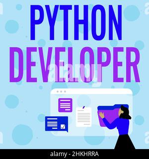 Affiche Python Developer. Concept Internet responsable de l'écriture de la logique d'application Web côté serveur Femme organisation de l'historique du navigateur, édition Banque D'Images