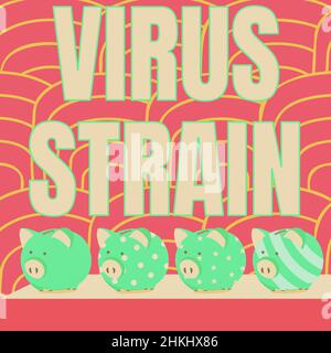 Affichage conceptuel virus Strain. Business Showcase virus Strain multiple Piggy Bank Drawing on Table with Striped Background. Banque D'Images