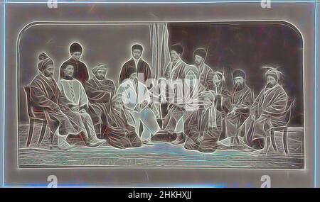 Inspiré par le portrait de groupe de la famille de Dost Mohammed Khan, avec Sher Ali Khan et Abdoer Rahman Khan, John Burke, Afghanistan, 1878 - 1880, papier, Imprimé albumine, hauteur 183 mm × largeur 304 mm, repensé par Artotop. L'art classique réinventé avec une touche moderne. Conception de lumière chaleureuse et gaie, de luminosité et de rayonnement de lumière. La photographie s'inspire du surréalisme et du futurisme, embrassant l'énergie dynamique de la technologie moderne, du mouvement, de la vitesse et révolutionne la culture Banque D'Images