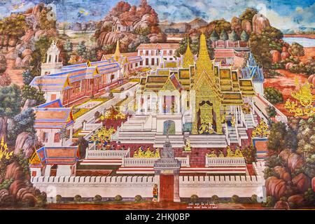 BANGKOK, THAÏLANDE - 12 MAI 2019 : peintures sur les murs de la Galerie représentant des scènes de l'ancienne épopée, le Grand Palais, le 12 mai à Bangkok, Thaïlande Banque D'Images