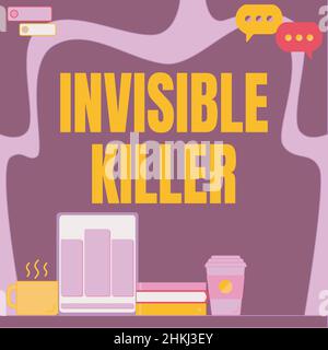 Affiche montrant invisible Killer. Aperçu de l'entreprise présence dans l'air d'une substance dangereuse Bureau avec le porte-stylo de tablette ouvert Banque D'Images