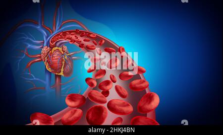 Symbole de la circulation sanguine cardiaque et de la santé du système cardiovasculaire avec des globules rouges qui traversent les veines du système circulatoire humain comme symbole. Banque D'Images