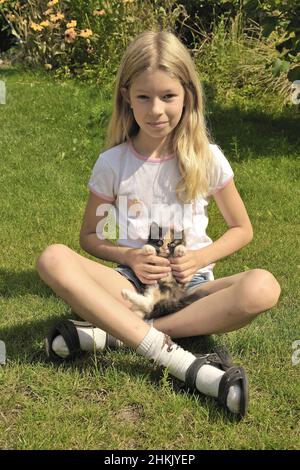 Chat domestique, chat domestique (Felis silvestris F. catus), blonde, fille assise à pattes croisées dans un pré avec un chaton sur ses genoux Banque D'Images