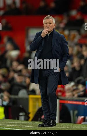 Manchester, Royaume-Uni.5th févr. 2022.Chris Wilder, directeur de Middlesbrough, réagit lors du quatrième tour de la coupe de la FA anglaise entre Manchester United et Middlesbrough à Manchester, en Grande-Bretagne, le 4 février 2022.Credit: Xinhua/Alay Live News Banque D'Images