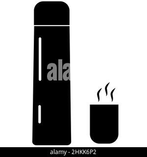 Thermos et tasse avec boisson chaude sur fond blanc.Affiche thermos pour bouteille. style plat. Banque D'Images