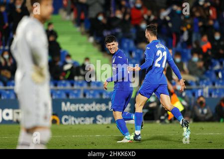 Getafe, Espagne.4th févr. 2022.Carles Alena (Getafe) football : Alena célébrer après son but lors du match espagnol 'la Liga Santander' entre Getafe CF 3-0 Levante UD au Colisée Alfonso Perez à Getafe, Espagne .Crédit: Mutsu Kawamori/AFLO/Alay Live News Banque D'Images