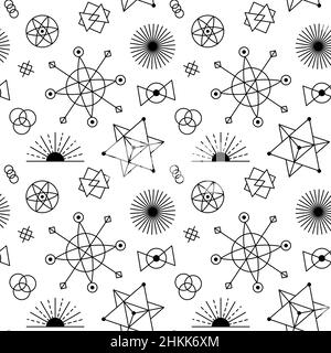 Arrière-plan du motif céleste.Texture d'astrologie sacrée sans couture avec formes géométriques du soleil, de la lune et du noir cosmique Illustration de Vecteur