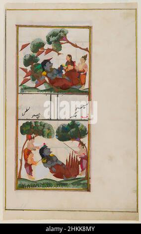 Art inspiré par Krishna batailles The Demoness Putana, page d'un manuscrit hindou non identifié, Indien, aquarelle opaque et or sur papier, Deccan, Inde, 19th siècle, feuille: 12 7/8 x 8 po, 32,7 x 20,3 cm, Or, Hindou, Krishna, manuscrit, Narration, papier, Putana, Aquarelle, œuvres classiques modernisées par Artotop avec une touche de modernité. Formes, couleur et valeur, impact visuel accrocheur sur l'art émotions par la liberté d'œuvres d'art d'une manière contemporaine. Un message intemporel qui cherche une nouvelle direction créative. Artistes qui se tournent vers le support numérique et créent le NFT Artotop Banque D'Images