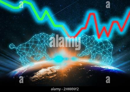 Écriture polygonale de forme de taureau et d'ours par des lignes et des points sur une partie de la terre avec le lever du soleil et l'éclat de lentille arrière-plan, éléments de cette image fournis b Banque D'Images