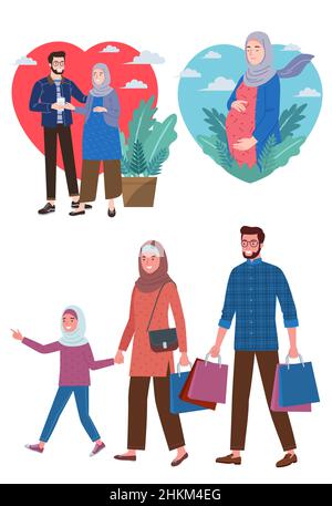 Une famille musulmane fait du shopping. Illustration de Vecteur