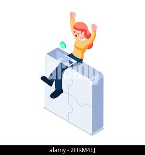 Flat 3D Isométrique réussie Business femme avec les bras en haut assis sur Jigsaw puzzles.Concept de réussite commerciale. Illustration de Vecteur