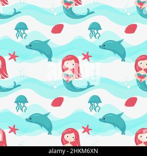 Motif vectoriel sans coutures avec petites femmes de mermaid mignons Illustration de Vecteur