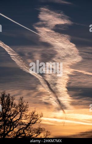 Un motif croisé de chemins de vapeur causé par des avions à vol élevé lors d'une matinée froide orne le ciel au-dessus de Worcestershire, en Angleterre. Banque D'Images