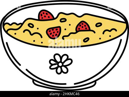 Porridge de style « Doodle » dessiné à la main avec baies. Il est temps de se lever. Petit déjeuner. Le matin. Fraises et flocons d'avoine. Vecteur simple dans le style de l'enrache. Illustration de Vecteur