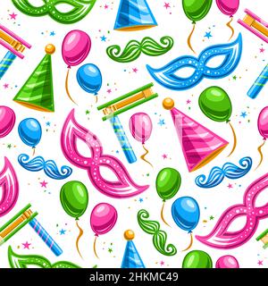 Vector Purim Seamless Pattern, fond carré répétitif avec des illustrations découpées des symboles purim traditionnels, ballons différents vibrants, clown Illustration de Vecteur