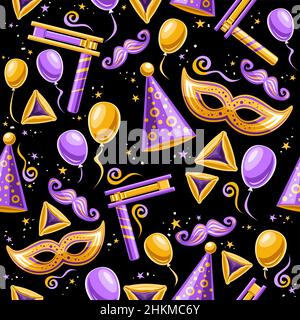 Vector Purim Seamless Pattern, fond carré répétitif avec des illustrations découpées du symbole purim traditionnel, ballons de variété, chapeau conique, Sweet h. Illustration de Vecteur