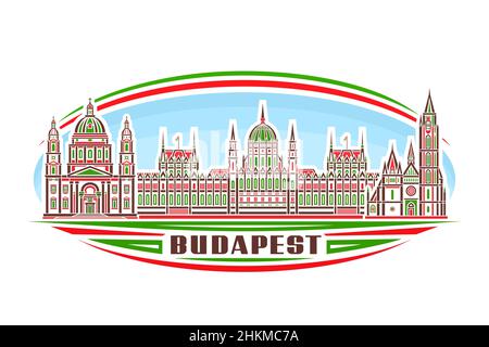 Illustration vectorielle de Budapest, badge vert horizontal avec design linéaire european budapest City scape sur fond de ciel de jour, célèbre ligne urbaine art c Illustration de Vecteur