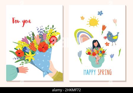 Carte postale vecteur de printemps.Bouquet de fleurs. Dessins pour une carte postale, une affiche, une bannière ou un message sur les médias sociaux.Cartes postales carrées.Fête des mères.Joyeux printemps Illustration de Vecteur