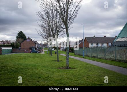 Easterside est une petite propriété d'habitation située dans le quartier Ladgate de Middlesbrough, dans le North Yorkshire, avec une population d'environ 3 200 000 habitants.Elle est délimitée à l'est par le A172 (chemin Marton) et par le B1380 (chemin Ladgate) au sud.Une grande partie de son stock de logements a été construite entre le début et la mi-1960s dans un style ouvert avec peu de murs ou de clôtures hauts et a de grands espaces verts dans les zones communes.La plus grande de ces zones se trouve au centre du domaine près de l'église et ce qui est maintenant une aire de jeux clôturée. Banque D'Images