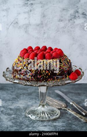 Gâteau aux amandes au chocolat sans Fourless avec ganache au chocolat et framboises fraîches Banque D'Images