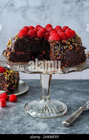 Gâteau aux amandes au chocolat sans Fourless avec ganache au chocolat et framboises fraîches Banque D'Images