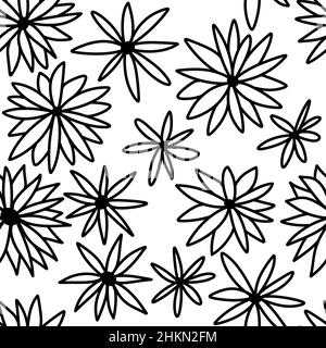 Motif sans couture dessiné à la main avec fleurs noires et blanches éléments botaniques floraux, feuilles branche fleur.Plantes de pivoine à motif marguerites monochromes minimalistes sur fond blanc, pour papier peint textile enveloppant décor de papier Banque D'Images