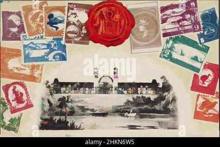 Art inspiré par Postcard, studio Muir & Moodie, vers 1906, Dunedin, carte postale rectangulaire en carton, avec une image en noir et blanc de l'exposition internationale de Nouvelle-Zélande Christchurch 1906-7 entrée principale. L'image est entourée de répliques de timbres en relief de couleur plus en relief, les œuvres classiques modernisées par Artotop avec une touche de modernité. Formes, couleur et valeur, impact visuel accrocheur sur l'art émotions par la liberté d'œuvres d'art d'une manière contemporaine. Un message intemporel qui cherche une nouvelle direction créative. Artistes qui se tournent vers le support numérique et créent le NFT Artotop Banque D'Images