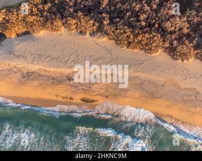 Vue aérienne des personnes marchant le long d'une plage de sable à Aregno Plage près d'Algajola dans la région de Balagne en Corse comme les vagues méditerranéennes se brisent sur le b Banque D'Images