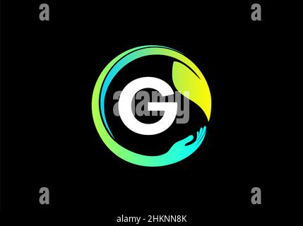 Primaire G cercles main feuille Monogram Vector police Emblem Alphabet abstrait travail créatif logo Banque D'Images