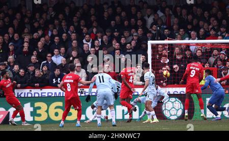 Kidderminster, Royaume-Uni.5th février 2022.Alex Penny, de Kidderminster Harriers, marque son premier but lors du match de la coupe Emirates FA au stade Aggborough, Kidderminster.Le crédit photo doit être lu : Darren Staples / Sportimage Banque D'Images