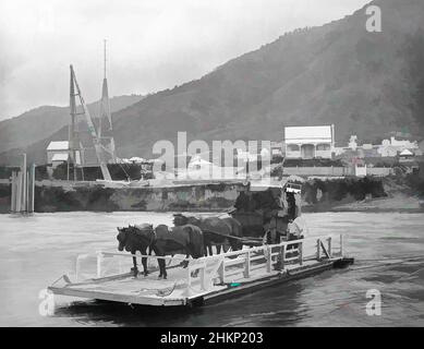 Art inspiré par te Aroha, Thames [Waihou] River, studio Burton Brothers, studio de photographie, vers 1884, Dunedin, photographie en noir et blanc, autocar à cheval traversant la Tamise sur un punt, œuvres classiques modernisées par Artotop avec une touche de modernité. Formes, couleur et valeur, impact visuel accrocheur sur l'art émotions par la liberté d'œuvres d'art d'une manière contemporaine. Un message intemporel qui cherche une nouvelle direction créative. Artistes qui se tournent vers le support numérique et créent le NFT Artotop Banque D'Images