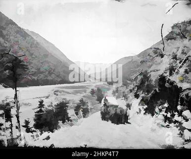 Art inspiré par Bealey gorge, studio Burton Brothers, studio de photographie, 1879, Dunedin, Photographie en noir et blanc, vue au milieu d'une gorge. Les chevaux tirent un wagon sur une route de terre. Les chevaux se déplacent, brouillant leur image, les œuvres classiques modernisées par Artotop avec un peu de modernité. Formes, couleur et valeur, impact visuel accrocheur sur l'art émotions par la liberté d'œuvres d'art d'une manière contemporaine. Un message intemporel qui cherche une nouvelle direction créative. Artistes qui se tournent vers le support numérique et créent le NFT Artotop Banque D'Images