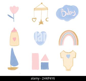Boho baby set. Boho collection of elements for the children's room painted in watercolor. Hand drawn set for the birth of a baby. Banque D'Images