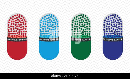 Jeu d'icônes de capsule anti COVID avec différentes couleurs au format vectoriel.COVID-19 Pill concept pour publication médicale. Illustration de Vecteur