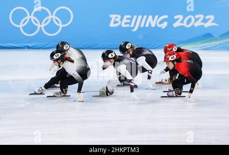 Pékin, Chine.5th févr. 2022.Les athlètes se disputent lors de la compétition de semi-fianl de patinage de vitesse sur piste courte au stade Capital Indoor à Beijing, en Chine, le 5 février 2022.Credit: Yang Lei/Xinhua/Alay Live News Banque D'Images