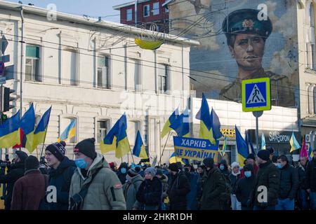 Manifestation de l'unité de l'Ukraine, face à la concentration des troupes pour l'agression militaire de la Russie.Kharkiv, Ukraine Banque D'Images