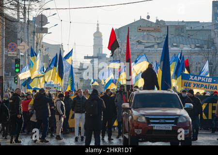 Manifestation de l'unité de l'Ukraine, face à la concentration des troupes pour l'agression militaire de la Russie.Kharkiv, Ukraine Banque D'Images