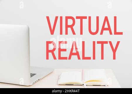 Légende de texte présentant la réalité virtuelle. Concept d'entreprise Virtual Reality Tidy Workspace Setup, Writing Desk Tools Equipment, Smart Office Banque D'Images