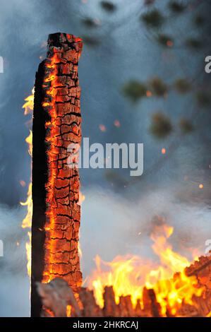 Gros plan des restes d'une maison en feu. Banque D'Images