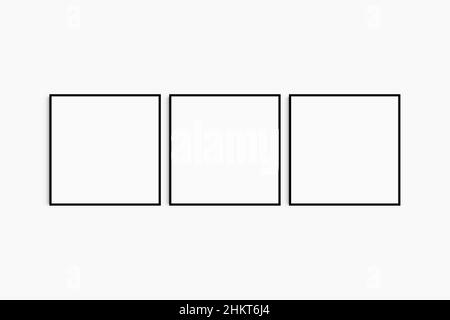 Maquette de cadre 1:1 carré.Ensemble de trois cadres carrés noirs fins.Maquette murale de galerie claire, moderne, minimaliste, lumineuse, jeu de 3 cadres. Banque D'Images