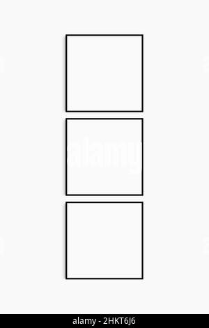 Maquette de cadre 1:1 carré.Ensemble de trois cadres carrés noirs fins.Maquette murale de galerie claire, moderne, minimaliste, lumineuse, jeu de 3 cadres. Banque D'Images