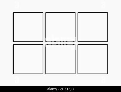 Maquette de cadre 1:1 carré.Jeu de six cadres carrés noirs fins.Maquette murale de galerie claire, moderne, minimaliste, lumineuse, jeu de 6 cadres. Banque D'Images
