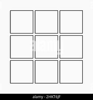 Maquette de cadre 1:1 carré.Ensemble de neuf cadres carrés noirs fins.Maquette murale de galerie claire, moderne, minimaliste, lumineuse, jeu de 9 cadres. Banque D'Images