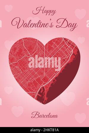 Carte de Saint-Valentin avec carte de Barcelone en forme de coeur.Illustration verticale A4 de vecteur de couleur rose et rouge.J'adore le paysage urbain. Illustration de Vecteur